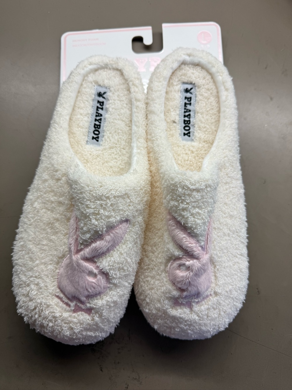 New w/ Tags Playboy Whit Faux Fur Slippers Bunny Logo Memory Foam Size Large 8-9